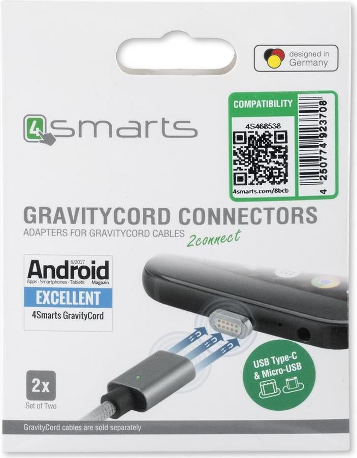 USB Кабел Магнитен, 4Smarts Gravitycord micro-USB & USB-C, Сив (2)
