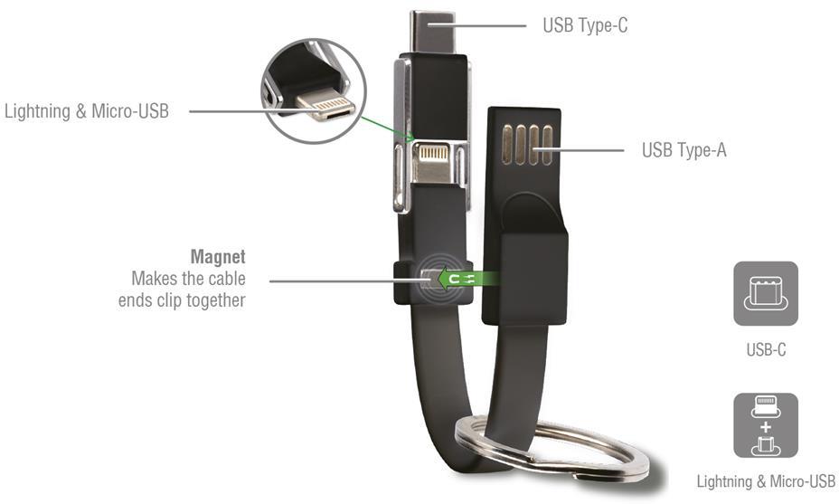 Универсален Кабел (къс), 4Smarts 3in1 Keyring 5 cm, Черен (5)