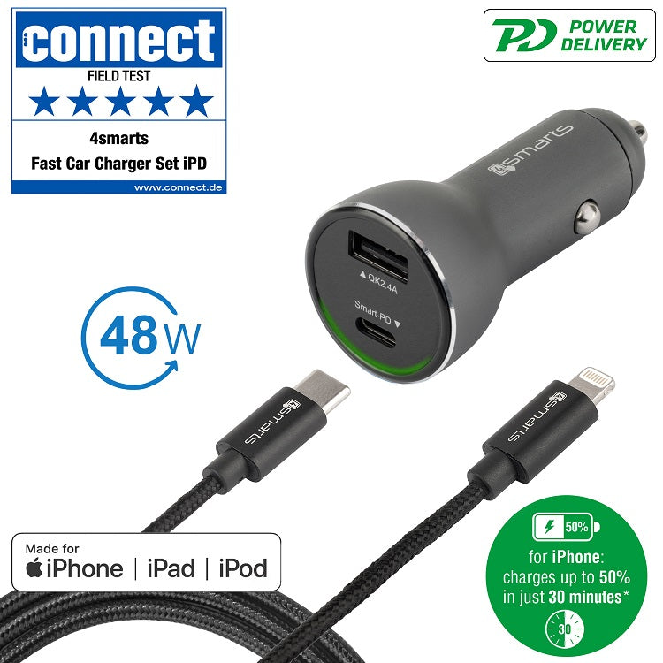 Бързо Зарядно за iPhone за Кола с Кабел, 4Smarts 12v Voltroad Power Delivery 48w, Сив