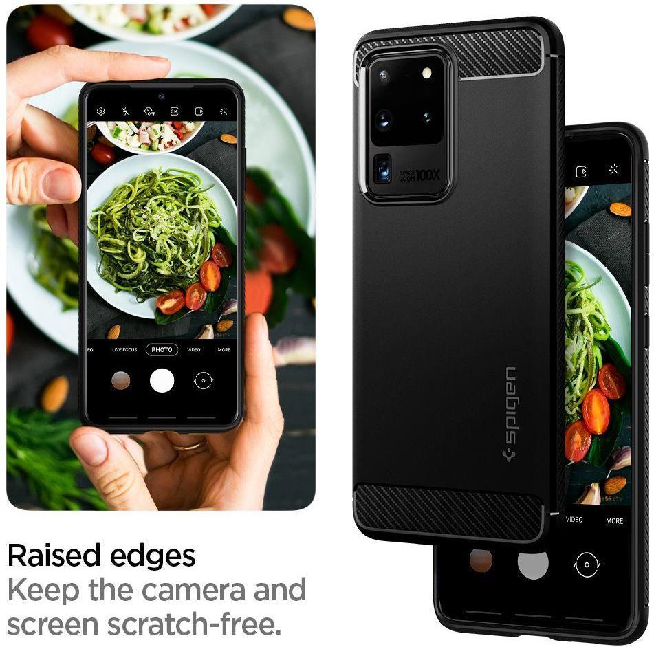 Противоударен Силиконов Калъф за Samsung S20 Ultra, Spigen Rugged Armor Case, Черен (8)