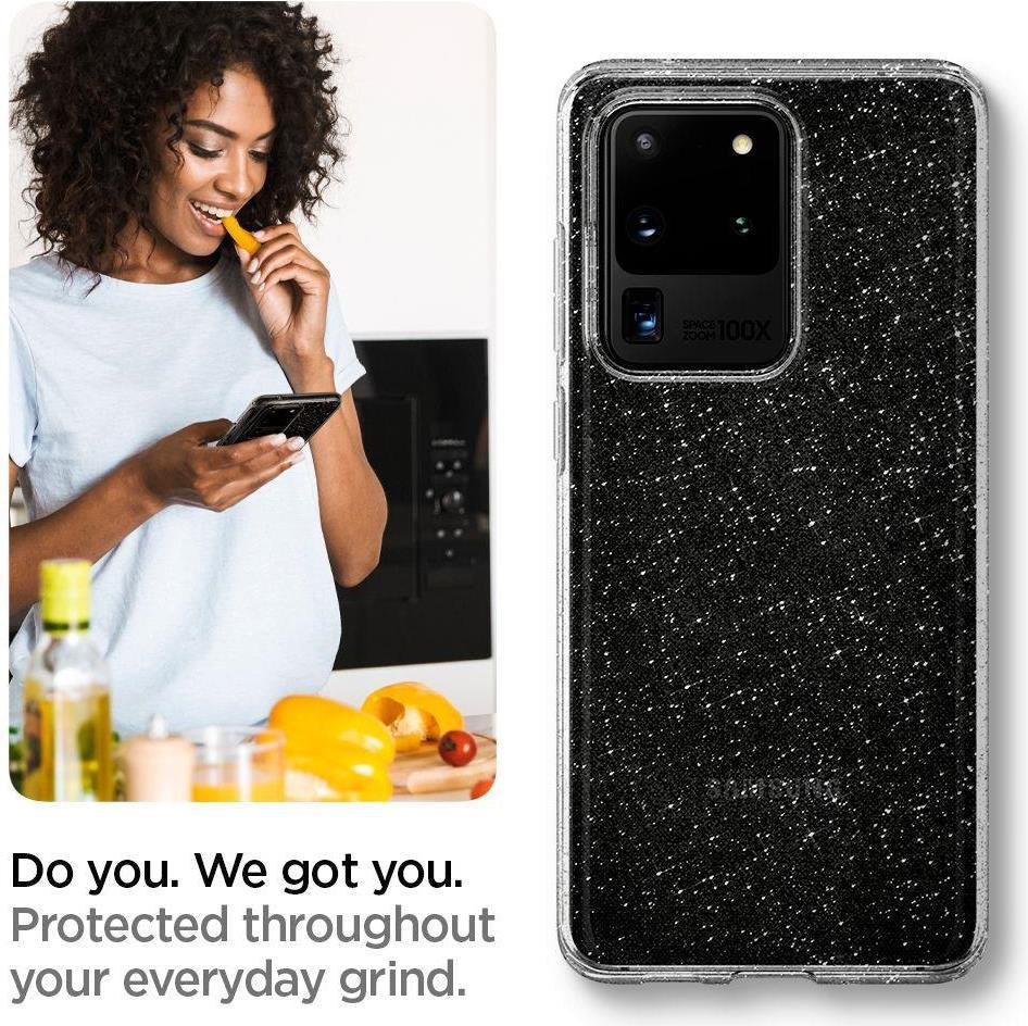 Противоударен Блестящ Калъф за Samsung S20 Ultra, Spigen Liquid Crystal Glitter Quartz Case, Прозрачен (6)