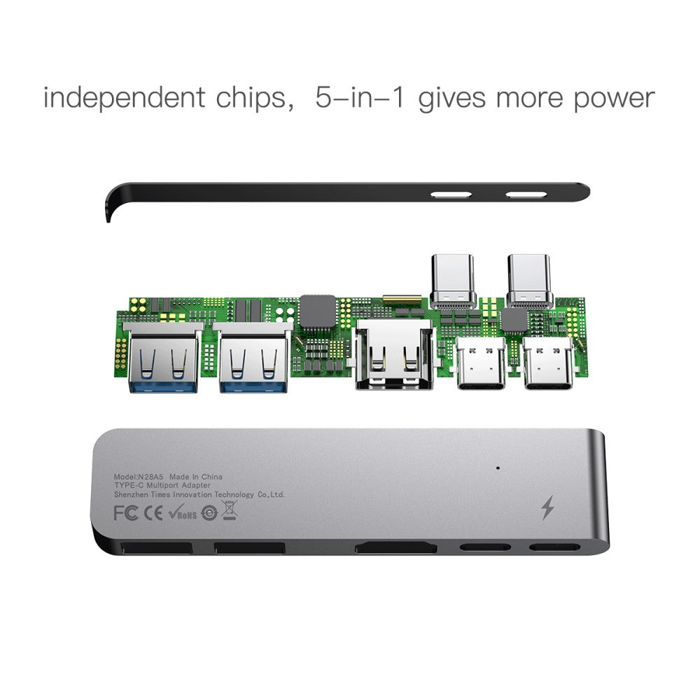 Хъб за Macbook Pro, Baseus Thunderbolt C+ Dual USB-C/HDMI/2x USB 3.0, Сив (7)