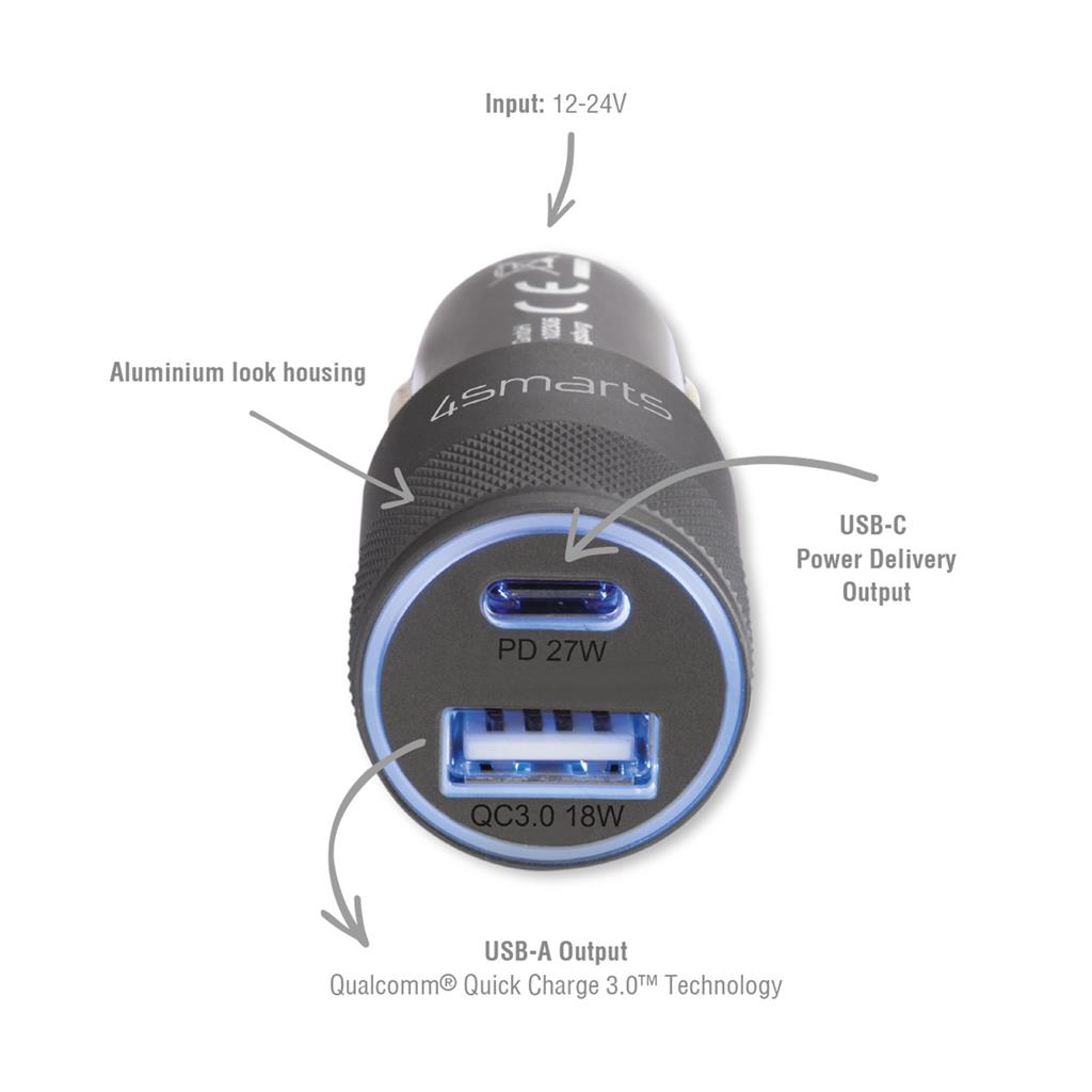 Зарядно за iPhone и Андроид за Кола с USB-C, 4Smarts 12v Rapid+ Power Delivery 27w, Сив (2)