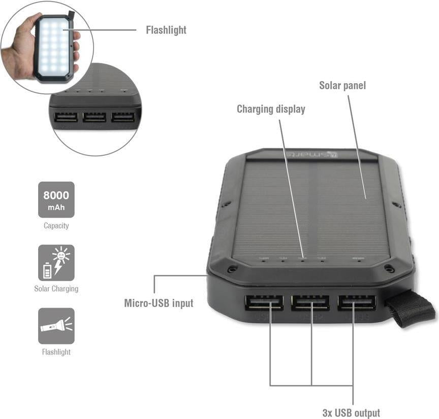 Външна Батерия с Прожектор Соларна, 4Smarts Power Bank TitanPack Solar 8000mAh, Черен (5)