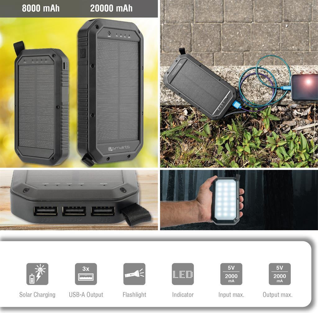 Външна Батерия с Прожектор Соларна, 4Smarts Power Bank TitanPack Solar 8000mAh, Черен (4)