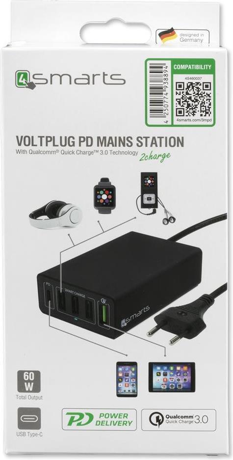 Бързо Зарядно Станция, 4Smarts 220v Voltplug Fast Charger/ Power Delivery PPS 60w, Черен (7)