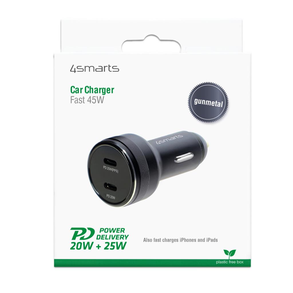 Бързо Зарядно за Кола с Два USB-C Изхода, 4Smarts 12v PD 45W, Черен (5)