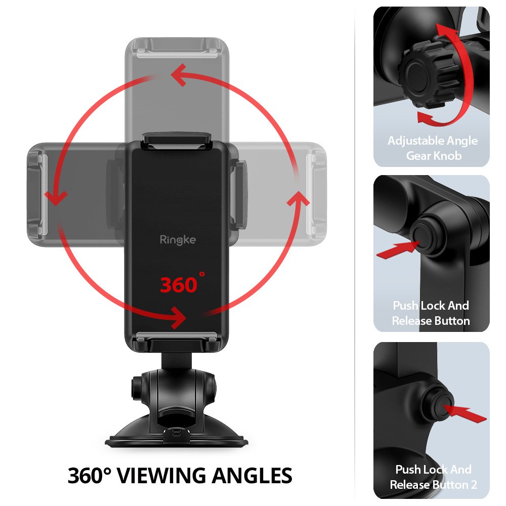 Вакуумна Стойка за Кола за Таблет и Телефон, Ringke Board Car Holder, Черен (3)
