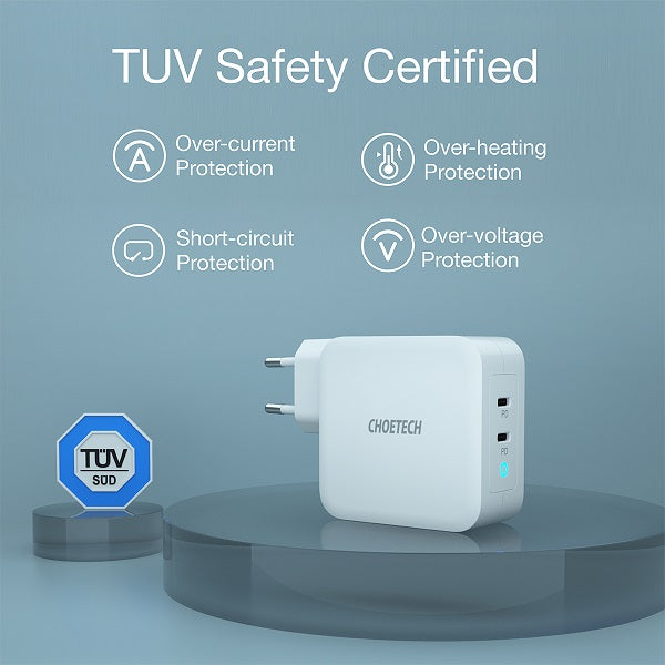 Двойно Зарядно за Apple Macbook и Лаптопи с USB-C, Choetech 220v Dual GaN 100W, Бял (6)