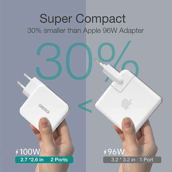 Двойно Зарядно за Apple Macbook и Лаптопи с USB-C, Choetech 220v Dual GaN 100W, Бял (5)