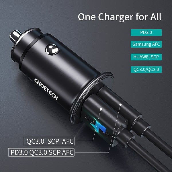 Мини Бързо Зарядно за Кола за Samsung S21/20 Note 20/10, Choetech 12v Dual Car Charger 30w, Черен (3)