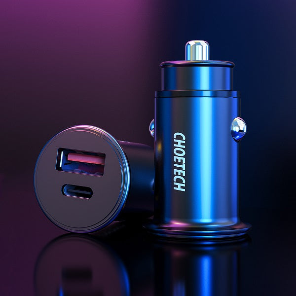 Мини Бързо Зарядно за Кола за Samsung S21/20 Note 20/10, Choetech 12v Dual Car Charger 30w, Черен (7)