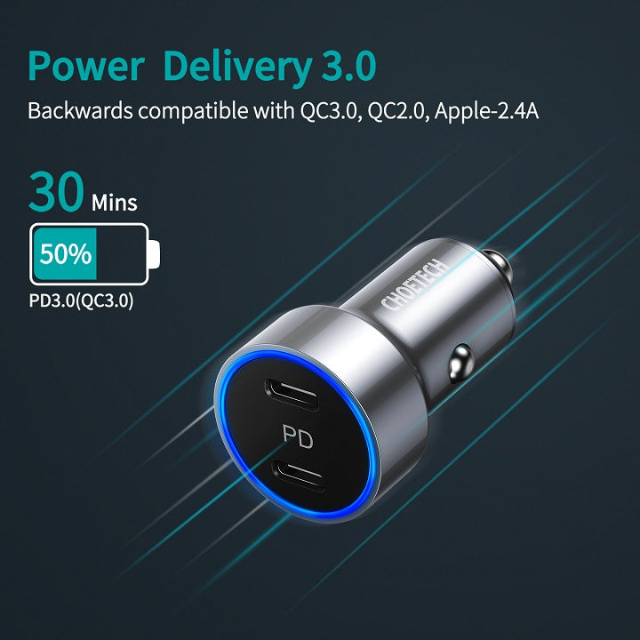 Двойно Зарядно за iPhone за Кола с USB-C, Choetech 12v Dual Car Charger PD3.0 40w, Черен (3)
