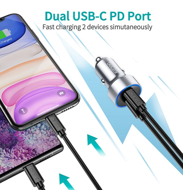 Двойно Зарядно за iPhone за Кола с USB-C, Choetech 12v Dual Car Charger PD3.0 40w, Черен (4)