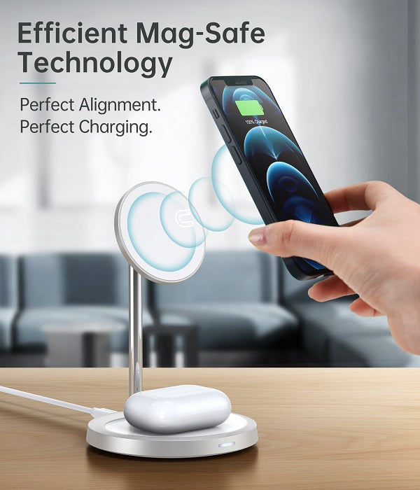 Безжично Зарядно Magsafe 2в1 за iPhone, Choetech Wireless Charging Stand 15W, Сребрист (3)