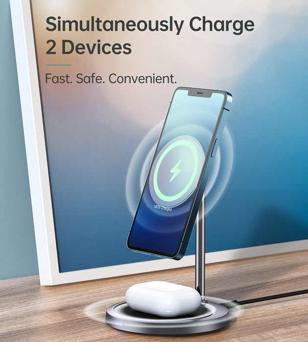 Безжично Зарядно Magsafe 2в1 за iPhone, Choetech Wireless Charging Stand 15W, Сив (3)