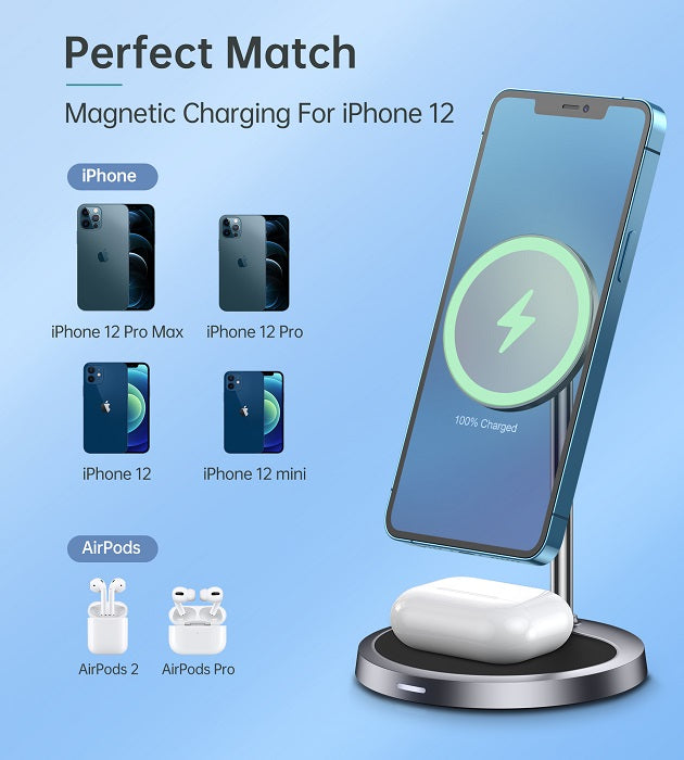 Безжично Зарядно Magsafe 2в1 за iPhone, Choetech Wireless Charging Stand 15W, Сив (6)