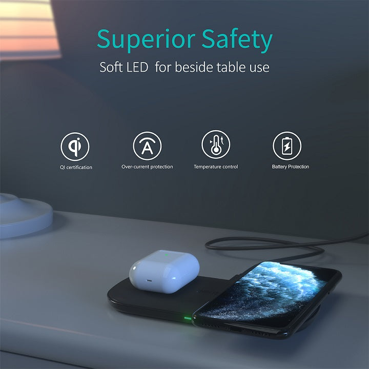 Безжично Зарядно 2в1, Choetech Wireless Duo Leather Charger 18W, Черен (4)