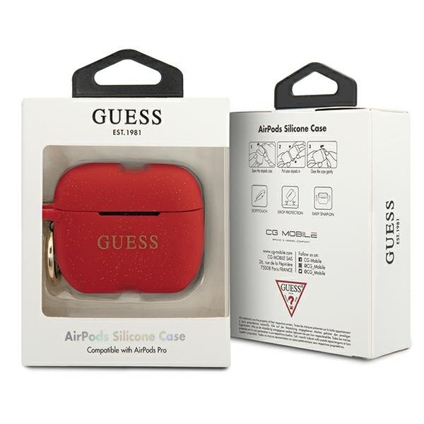 Луксозен Калъф за Apple Airpods Pro, Guess Silicone Glitter Case, Червен (3)