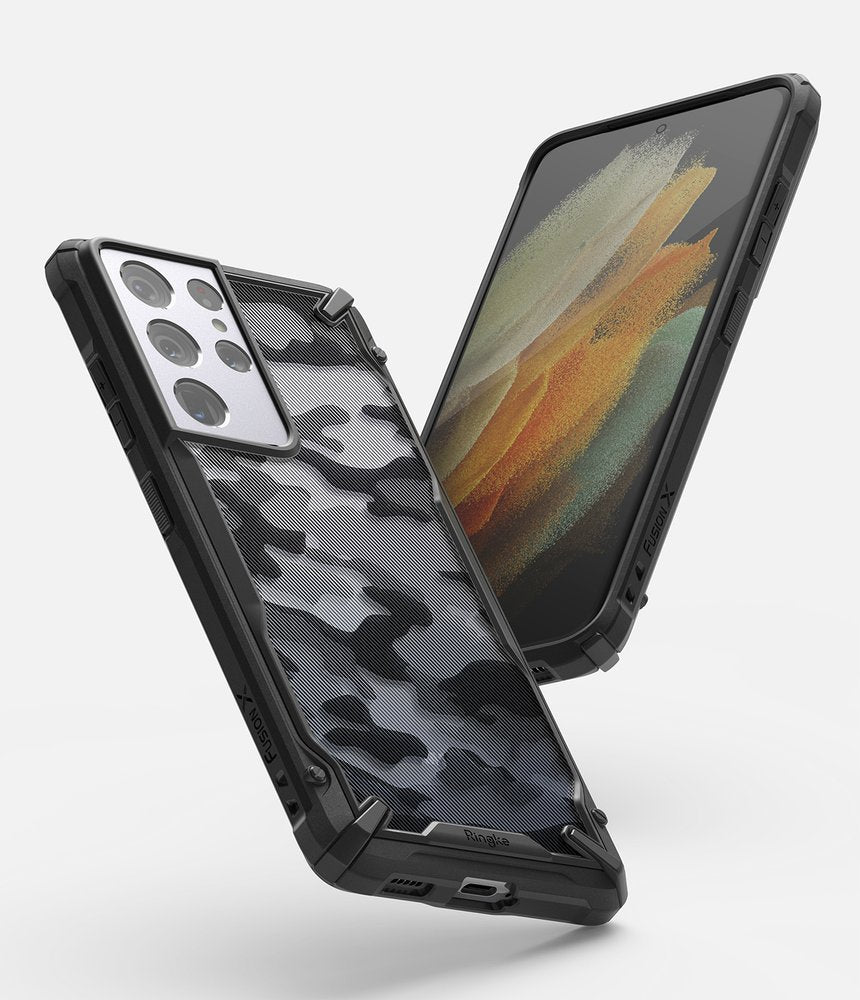 Противоударен Хибриден Калъф за Samsung S21 Ultra, Ringke Fusion X Camouflage Case, Черен (6)