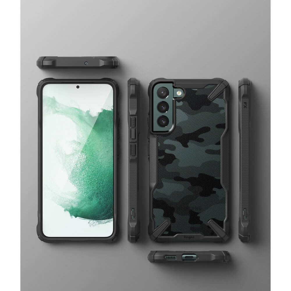 Противоударен Хибриден Калъф за Samsung S22, Ringke Fusion X Camouflage Case, Черен (3)