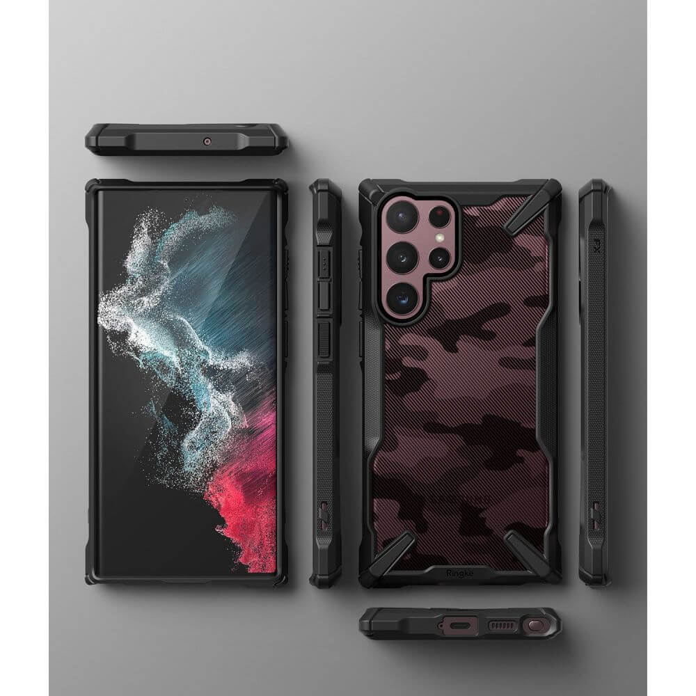 Противоударен Хибриден Калъф за Samsung S22 Ultra, Ringke Fusion X Camouflage Case, Черен (3)
