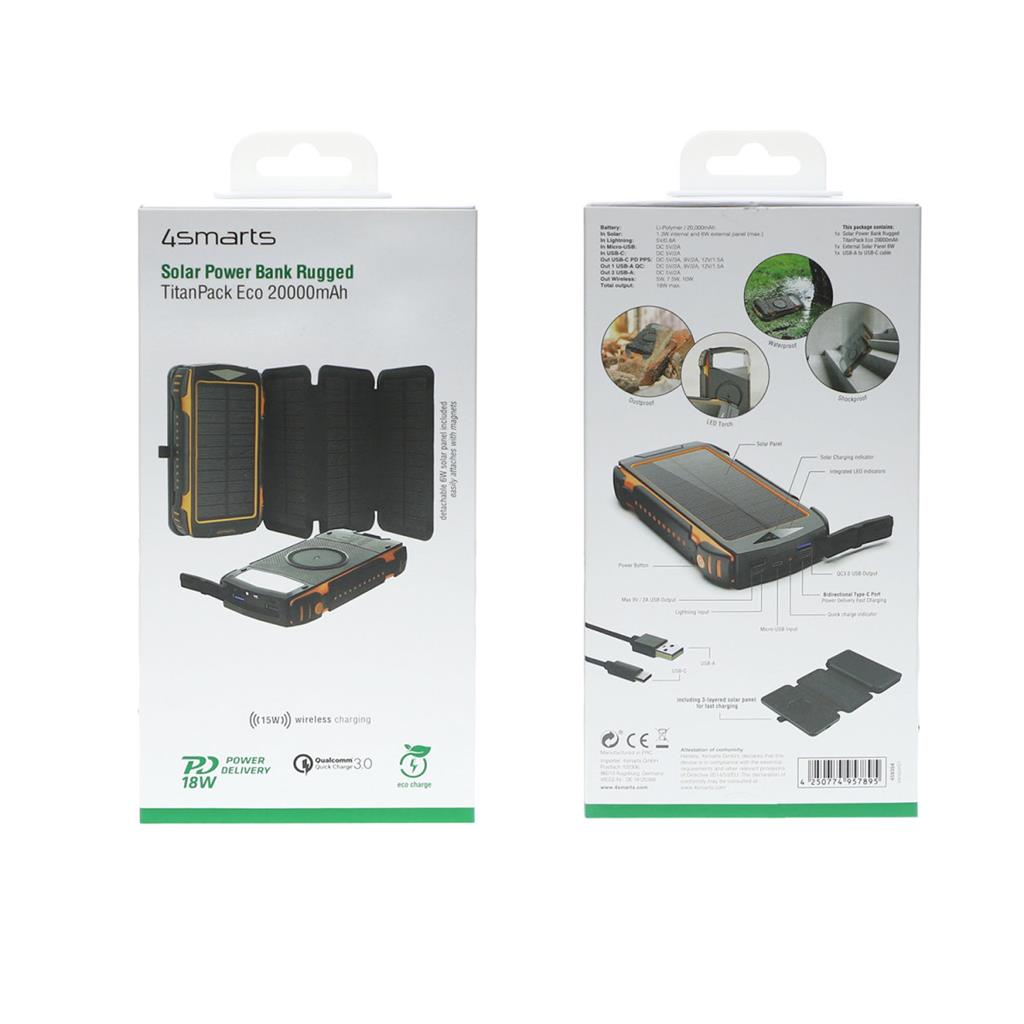 Соларна Външна Батерия, 4Smarts Power Bank TitanPack Eco 20000 mAh, Черен (8)
