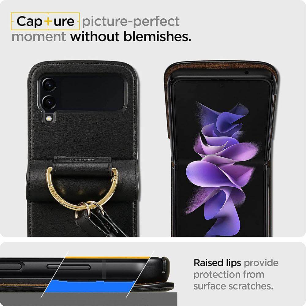 Кожен Калъф с Каишка за Samsung Z Flip 3, Spigen Lienar Case, Черен (3)