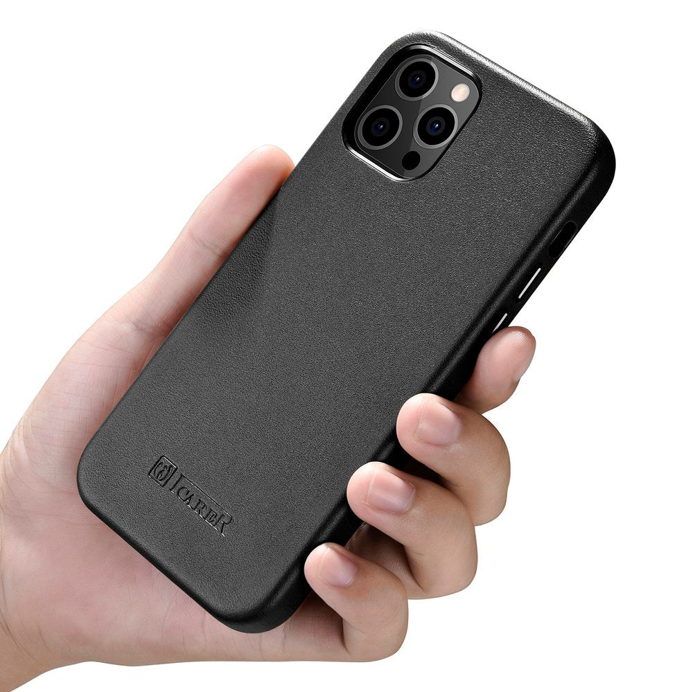 Magsafe Калъф от Естествена Кожа за iPhone 12 Pro Max, iCarer Leather Case, Черен (3)