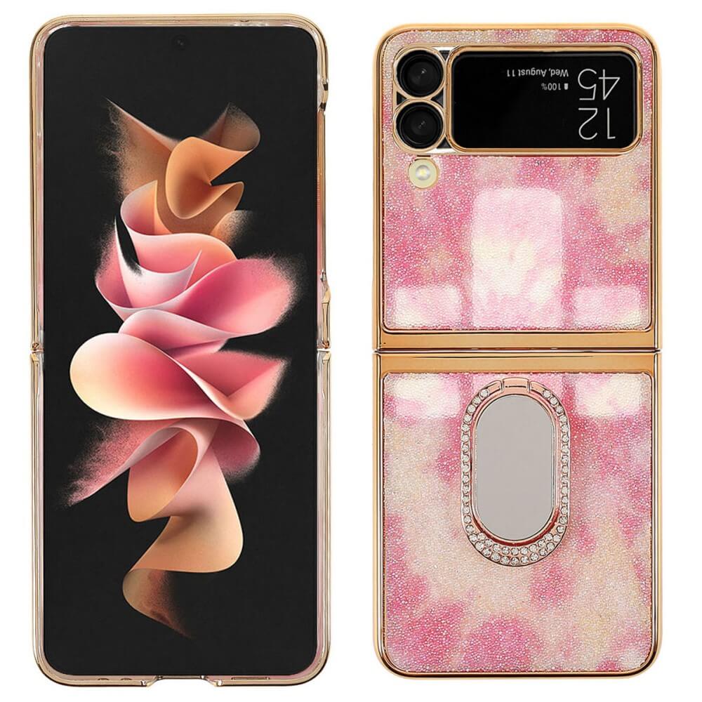 Блестящ Калъф с Пръстен за Samsung Z Flip 3, Glitter Marble Case, Розов