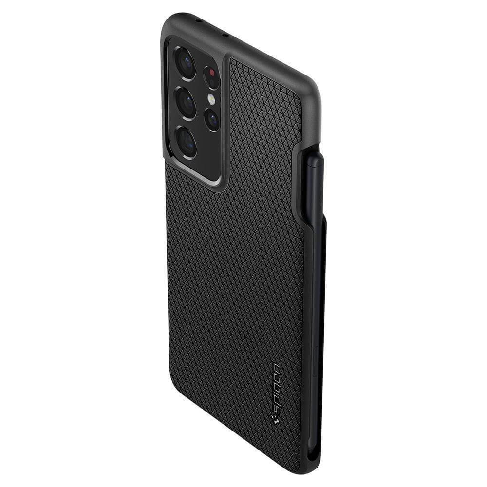 Калъф с Поставка за Писалка за Samsung S21 Ultra, Spigen Liquid Air S-Pen Case, Черен (4)