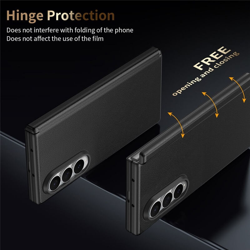 Magsafe Калъф с Протектор за Samsung Z Fold 4, Leather Hinge Case, Черен (5)