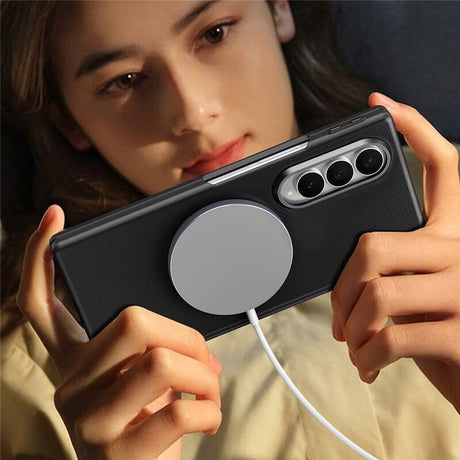 Magsafe Калъф с Протектор за Samsung Z Fold 4, Leather Hinge Case, Черен (8)