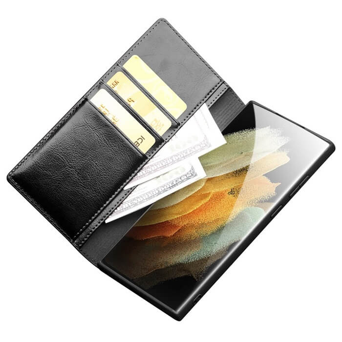 Кожен Калъф за Samsung S23 Ultra, Qialino Book Case, Черен (3)