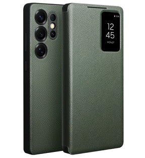 Активен Кожен Калъф за Samsung S25 Ultra, Qialino Smart View Book Case, Зелен
