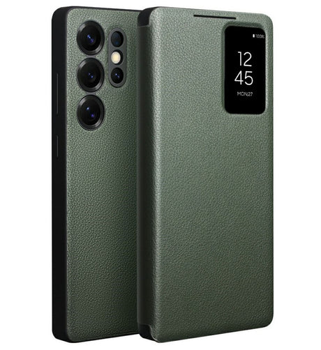 Активен Кожен Калъф за Samsung S25 Ultra, Qialino Smart View Book Case, Зелен