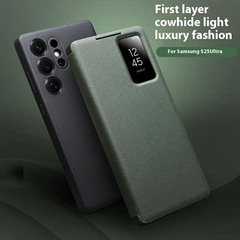 Активен Кожен Калъф за Samsung S25 Ultra, Qialino Smart View Book Case, Черен (8)