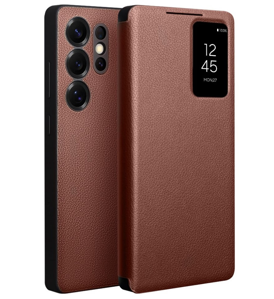 Активен Кожен Калъф за Samsung S25 Ultra, Qialino Smart View Book Case, Кафяв