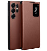 Активен Кожен Калъф за Samsung S25 Ultra, Qialino Smart View Book Case, Кафяв