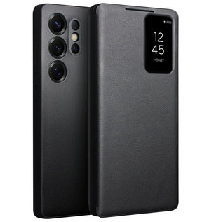 Активен Кожен Калъф за Samsung S25 Ultra, Qialino Smart View Book Case, Черен