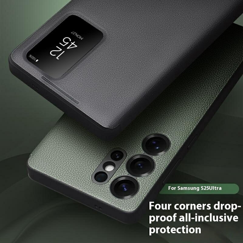 Активен Кожен Калъф за Samsung S25 Ultra, Qialino Smart View Book Case, Черен (7)