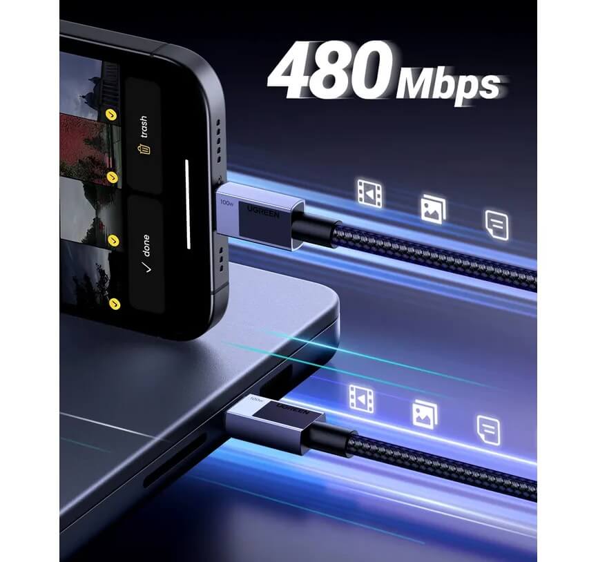 Къс USB-C към USB-C Кабел за Външна Батерия, Ugreen 5A 100W 0.5m, Сив (3)