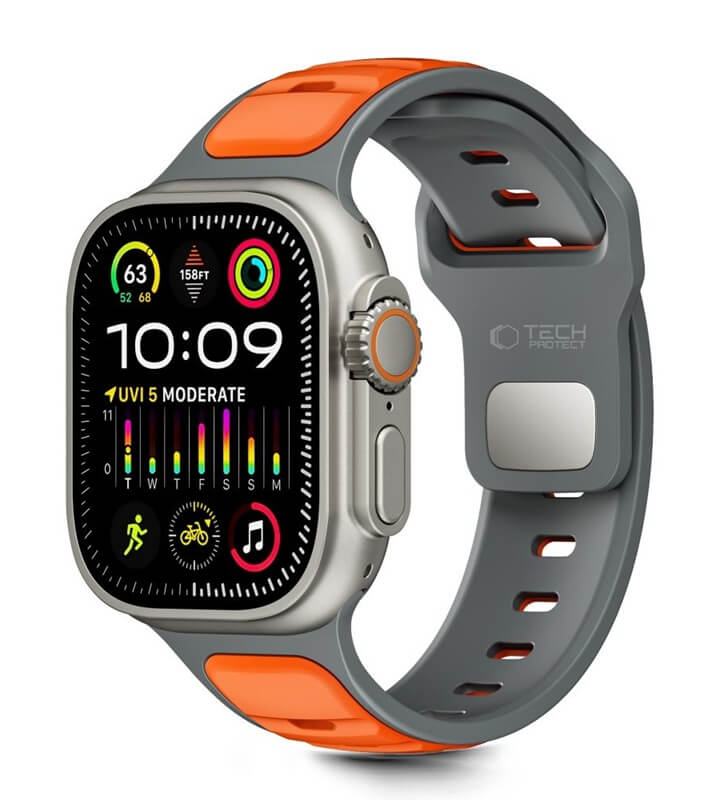 Силиконова Каишка за Apple Watch 44/ 45/ 46/ 49mm, Tech-Protect Iconband Line, Сив/Оранжев