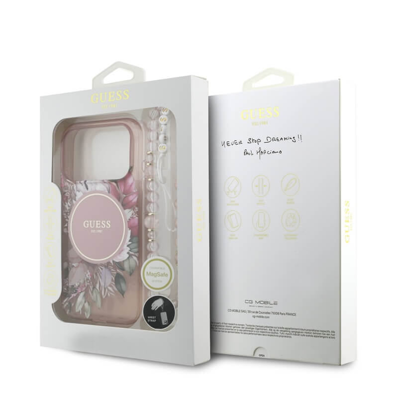 Дамски Калъф за iPhone 17 Pro Max, Guess IML Flowers Magsafe Strap Case, Розов (5)