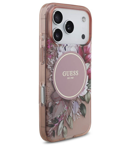 Дамски Калъф за iPhone 17 Pro Max, Guess IML Flowers Magsafe Strap Case, Розов (3)