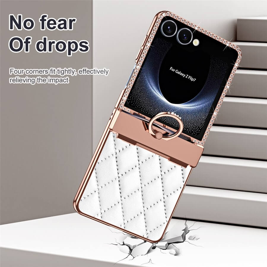 Калъф с Камъни за Samsung Z Flip 7, PU Leather Case, Бял (8)