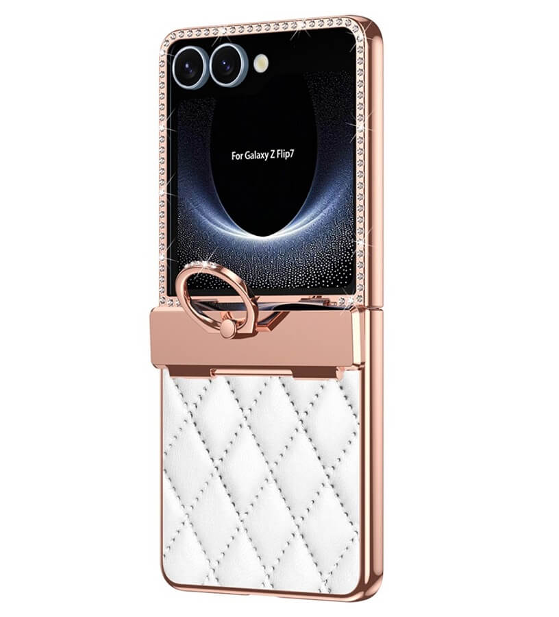 Калъф с Камъни за Samsung Z Flip 7, PU Leather Case, Бял