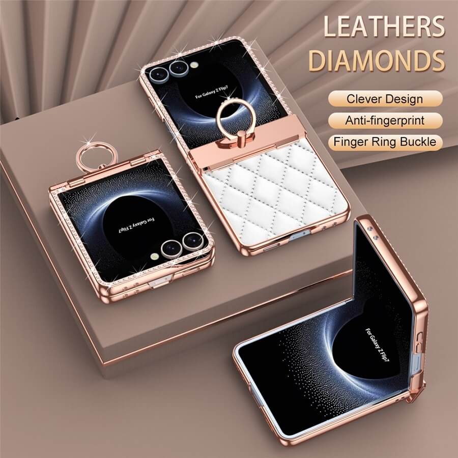 Калъф с Камъни за Samsung Z Flip 7, PU Leather Case, Бял (4)