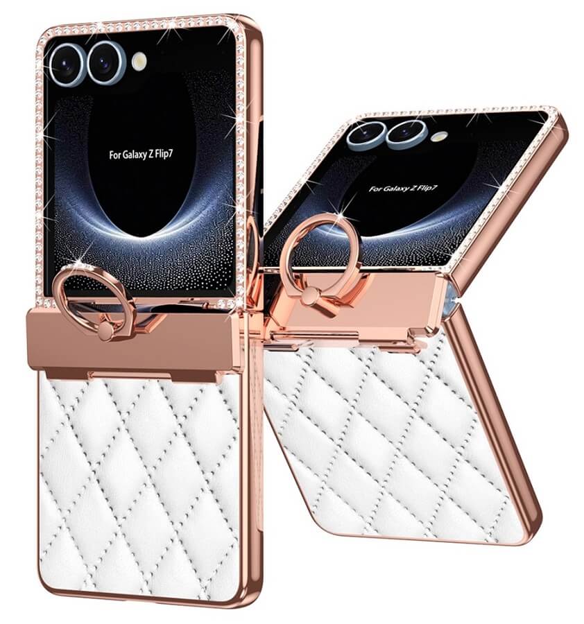 Калъф с Камъни за Samsung Z Flip 7, PU Leather Case, Бял (3)