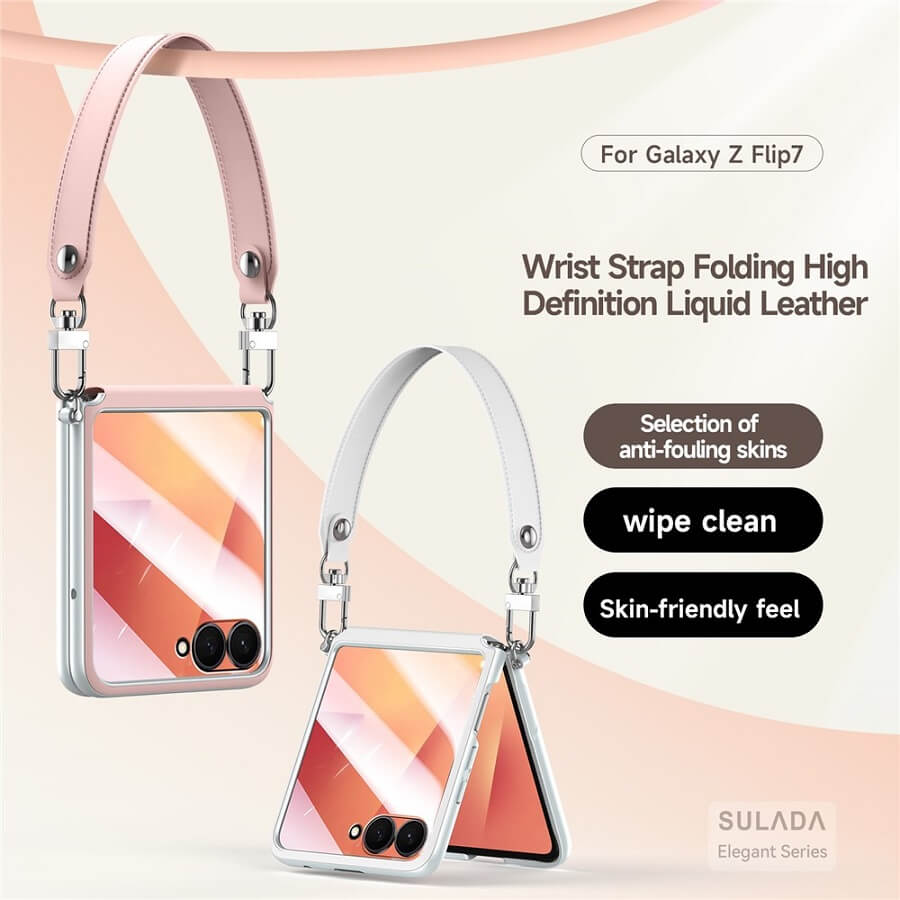 Луксозен Калъф с Каишка за Samsung Z Flip 7, Sulada Leather Case, Бял (3)